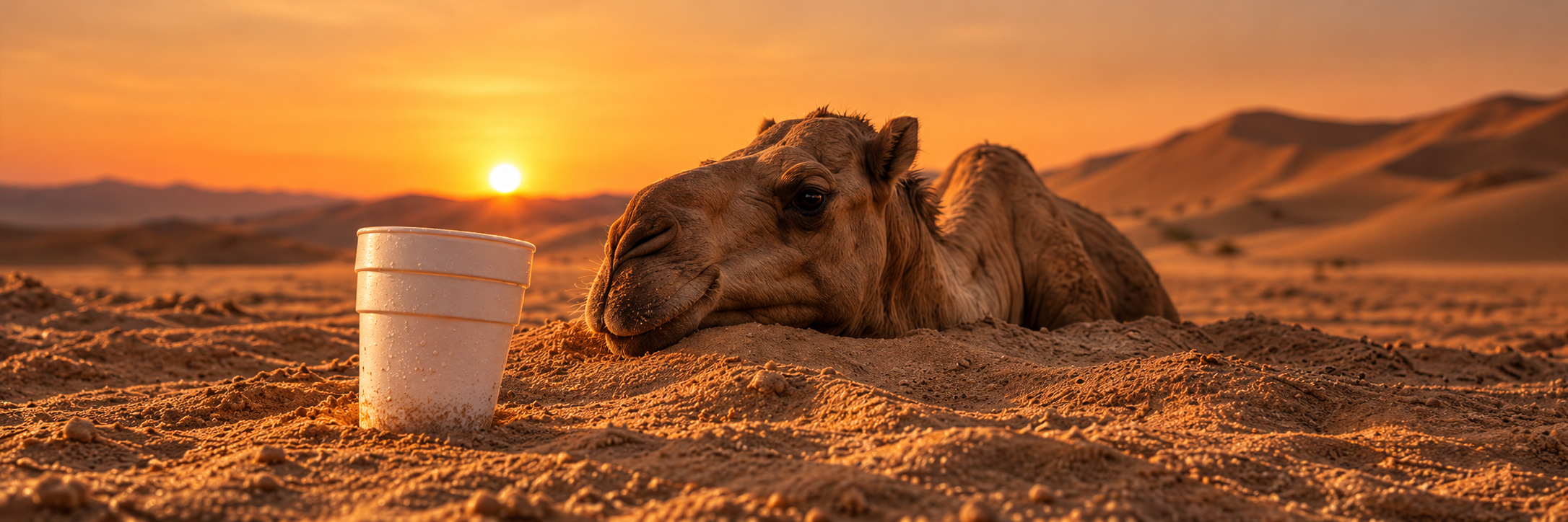 Camel resting beside a Doublecup at sunset